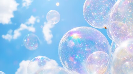 Wall Mural - Sparkling pastel balloons floating against a dreamy blue sky. Concept: celebration and joy.