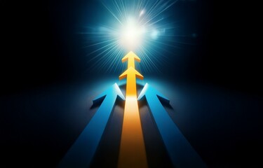 Three arrows, one gold, two blue, point upward towards a bright light in a dark background.