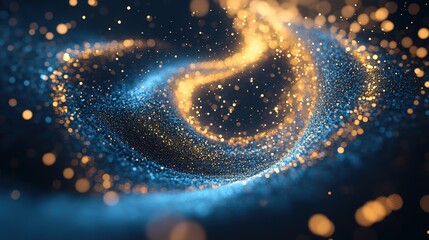 Poster - Blue and gold particle vortex with dynamic swirl and wind blowing effect in motion for artistic background
