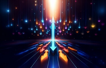 Aufkleber - abstract glowing neon arrows pointing upward against a dark background.