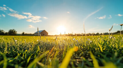 serene landscape featuring vibrant green field under bright blue sky, with warm sun setting in background. scene captures beauty of nature and tranquility