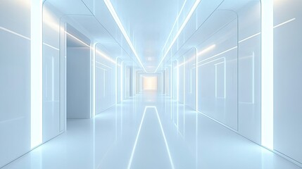 Poster - Futuristic modern hallway with clean lines and bright lighting, no people, ample space for text