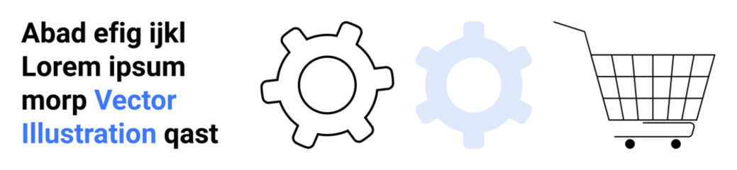 E-commerce cart and gear icons with placeholder text in blue and black. Ideal for technology, e-commerce, web development, software engineering, and online shopping websites. Landing page