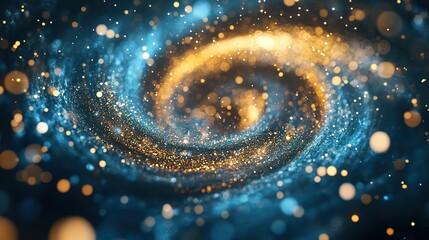 Poster - Blue and gold particle vortex with dynamic swirl and wind blowing effect in motion for artistic background

