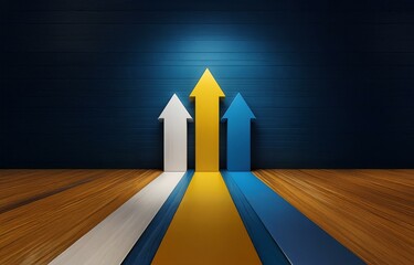 Aufkleber - three arrows point upwards, one yellow, one white, and one blue, on a wooden floor against a dark bl
