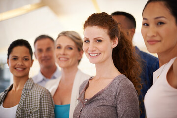 Aufkleber - Business people, portrait and office with manager in group, collaboration and solidarity. Employees, united staff and confidence in company mission at workplace, diversity and publishing agency