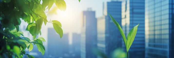 A leafy tree is growing in front of a city skyline. The cityscape is filled with tall buildings, and the sky is clear and bright. Concept of growth and renewal