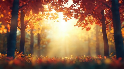 Poster - Golden autumn forest with sunlight rays