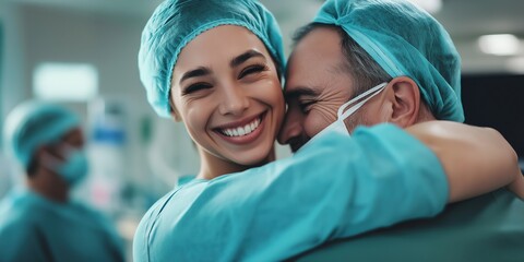 A woman and a man in blue scrubs are hugging each other. The woman is smiling and the man is wearing a mask. Concept of warmth and affection between the two people, despite the medical setting