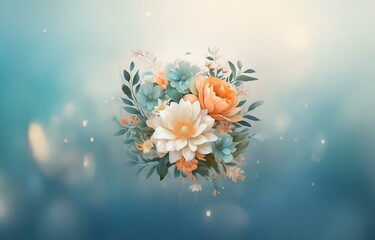 Wall Mural - A bouquet of flowers, in shades of peach, white, and blue,  on a soft blue and white blurred background.