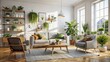 © DigitalArt Max - Modern Scandinavian Living Room with Armchair, Sofa, Wall Mockup, White Walls, and Indoor Plants in Ample Space, Long Exposure Effect for Contemporary Home Design Inspiration