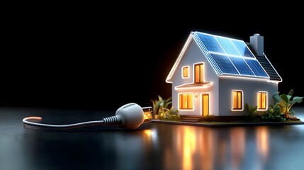 Neon icon of a modern house with solar panels and an electric plug glowing on a black background to represent renewable energy and clean power for sustainable living