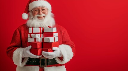 Santa Claus, wearing his classic red suit with white fur accents, is holding a stack of red and white gift boxes in his hands, red isolated background