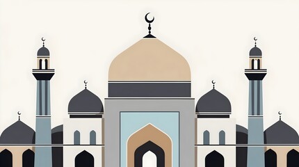 Stylized Mosque Illustration with Domes and Minarets