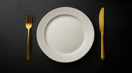 Wall Mural - Minimalist served white plate with golden fork and knife, copy space, black background. Generative AI