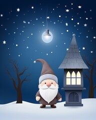 Wall Mural - A whimsical winter scene featuring a cheerful gnome beside a cozy cottage under a starry night sky with snowfall.