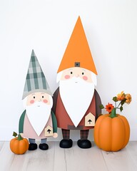 Two whimsical gnomes stand next to a pumpkin and flowers, showcasing a playful autumn-themed decor in a bright setting.