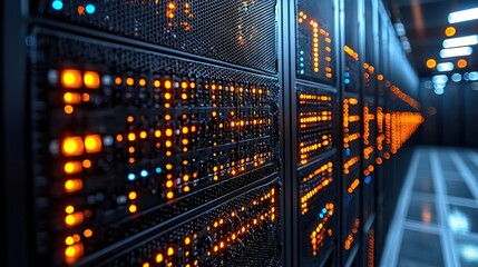 Poster - Rows of Server Racks with Orange Indicator Lights