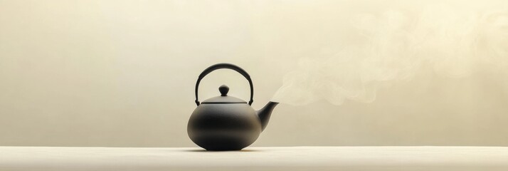 Aufkleber - A traditional tea kettle sits on a countertop, releasing slender lines of gentle steam in a serene kitchen atmosphere. Generative AI