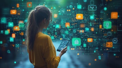 Aufkleber - Woman Using Smartphone with Holographic Interface Showing Digital Icons