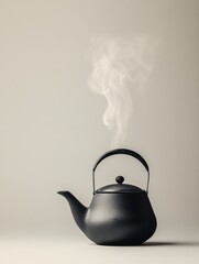 Aufkleber - A black tea kettle sits on a surface, releasing thin steam, suggesting hot water is ready for brewing tea in a calm atmosphere. Generative AI