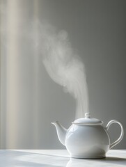 Wall Mural - A white tea kettle is seen emitting delicate steam in a tranquil, softly lit area, creating a calming atmosphere in the kitchen. Generative AI