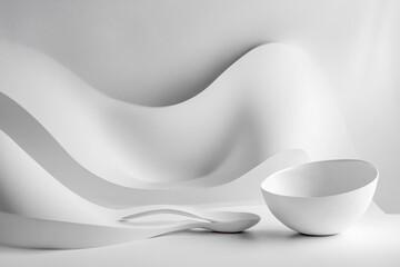 Leinwandbilder - A spoon and bowl are elegantly positioned on a smooth surface, surrounded by soft, flowing abstract shapes in a minimalist setting. Generative AI