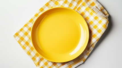 
Empty yellow plate on kitchen napkin isolated on white background. Top view and modern design.