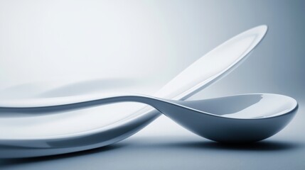 Poster - A smooth, abstract arrangement features a spoon resting near a cup, emphasizing their elegant shapes and minimalist design. Generative AI