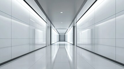  Sleek modern hallway with clean lines and minimalist lighting, no people, ample space for text