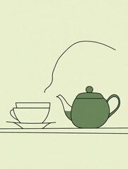 Poster - A minimalistic design features a teapot and cup created with simple lines, emitting steam, set against a calming green backdrop. Generative AI