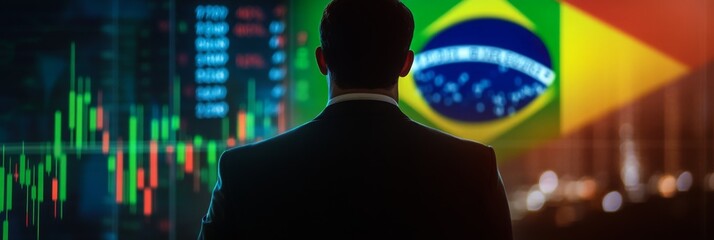 A businessman standing in front of a digital trading platform, economic growth, stock exchange with market chart, brazil economy and finance . investment trends global challenges.