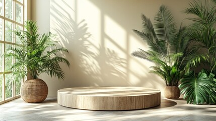 Aufkleber - A room with a large round table and a few potted plants