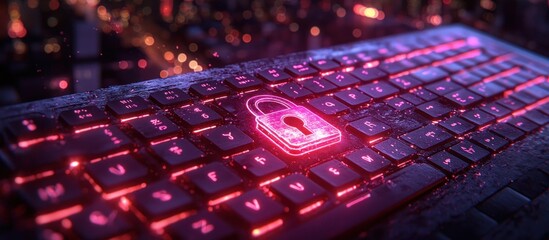 Poster - Neon Glowing Padlock on Illuminated Keyboard