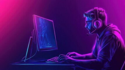 A gamer immersed in a vibrant, neon-lit setup, focused on the screen with headphones on.