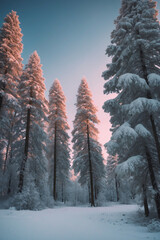 Canvas Print - Snow-covered pine trees in a tranquil forest during a frosty evening