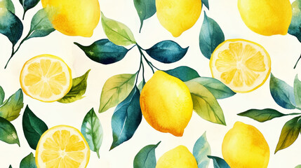 Wall Mural - Hand drawn watercolor painting of lemons with green leaves. Aesthetic watercolor wallpaper print. Generative AI