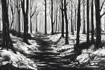 Wall Mural - A tranquil pathway through a dark forest 