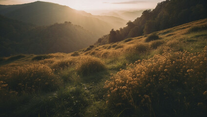 Wall Mural - Golden wildflowers blanket a hillside during sunset in a tranquil nature setting