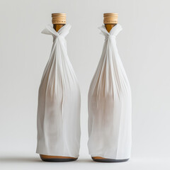 two sake bottle completely covered in plain white tissue paper top to bottom, against a white background