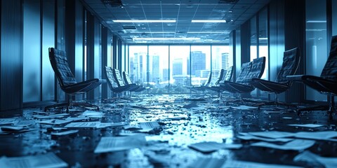 Aufkleber - Deserted Office Hallway with Scattered Papers and Leaky Ceiling