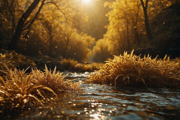 Wall Mural - Golden light shines over a serene stream surrounded by vibrant autumn foliage at sunset