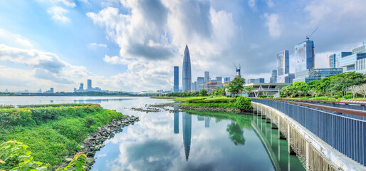 Sticker - Modern city commercial buildings skyline and lake in Shenzhen, China