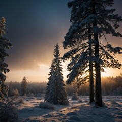 Canvas Print - Snow-covered pine trees on a frosty evening with a glowing sunset backdrop