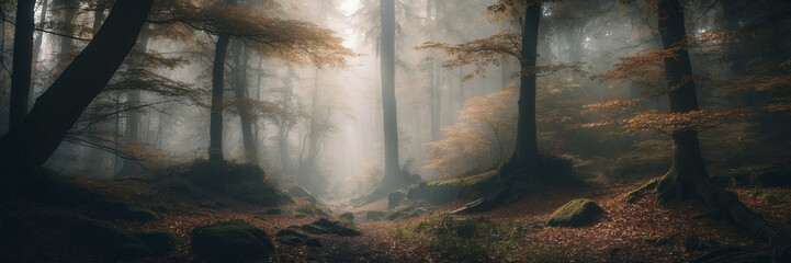 Wall Mural - Mysterious dark forest illuminated by soft morning light through the fog