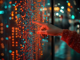 Aufkleber - Hand Interacting with a Screen Displaying a Grid of Red and Blue Lights