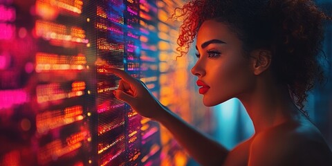 Aufkleber - Woman with Curly Hair Reaching for a Neon-Lit Digital Display