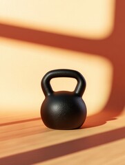 Poster - A black kettlebell rests on a wooden surface, illuminated by warm sunlight, creating a serene atmosphere for exercise and fitness ambitions. Generative AI