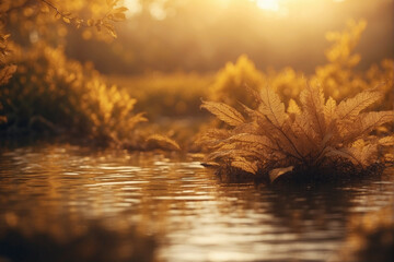 Wall Mural - A tranquil golden wonder in nature at sunset, reflecting serene water and lush foliage