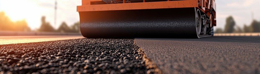 Heavy machinery smoothing asphalt on a roadway during sunset.